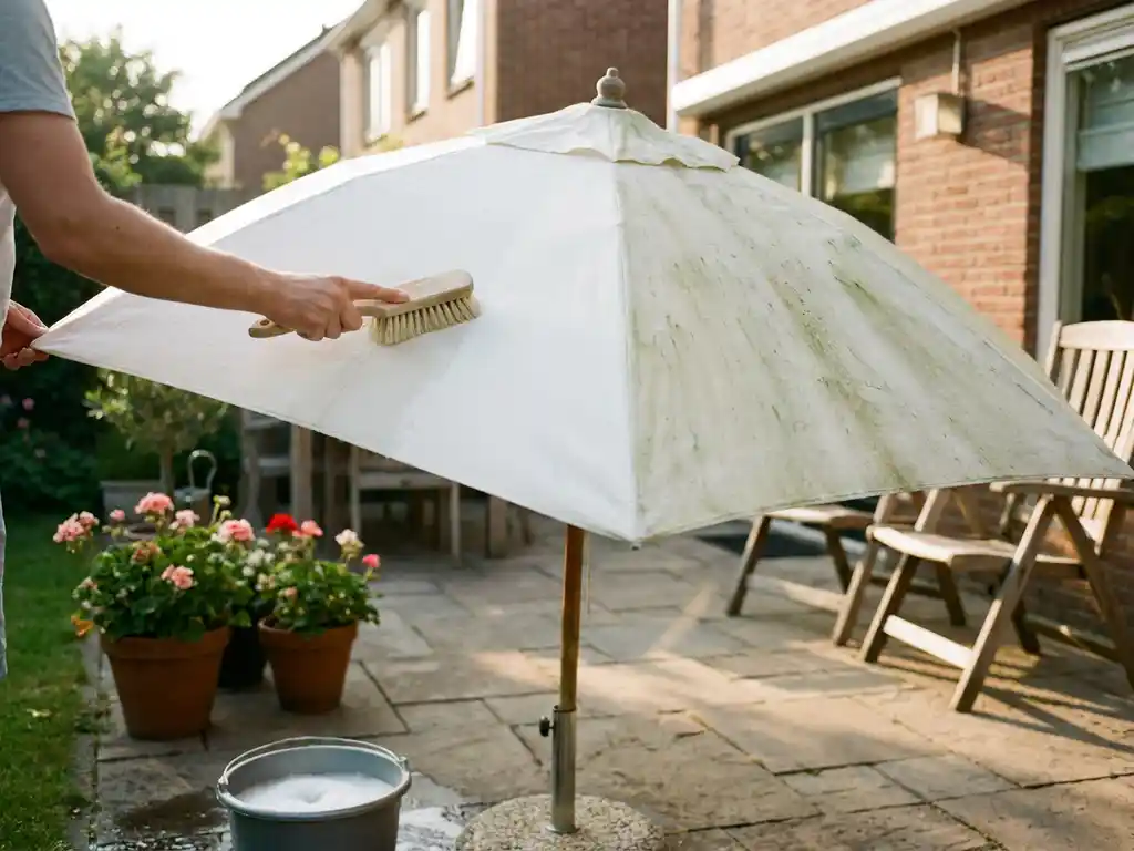 Parasoldoek half schoongemaakt met zachte borstel, links helder wit, rechts groen alg en vuil, in zonnige Nederlandse tuin.