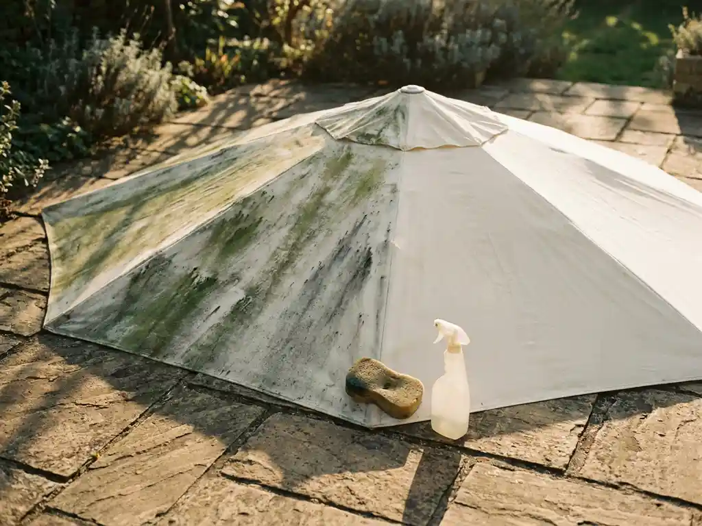 Verouderd crèmekleurig parasoldoek half schoongemaakt, met groene algen en grijze vlekken naast helder wit gedeelte, spons en spuitfles op steenterras.