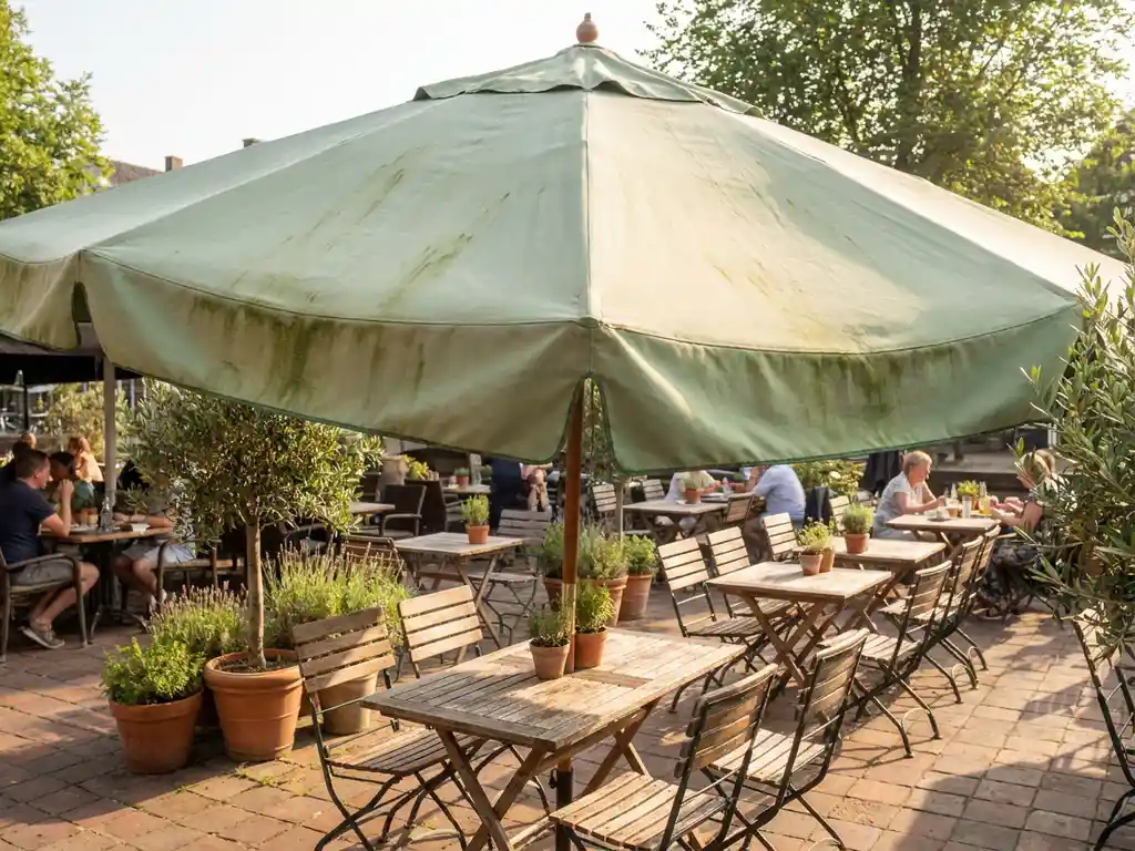 Terrasparaplu met groene algengroei op het doek boven een Nederlands restaurantterras met houten bistromeubilair en terracottattegels.