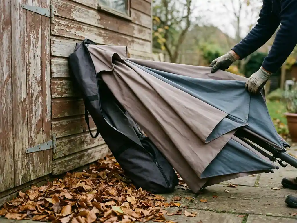 Tuinparasol die wordt ingepakt in een beschermhoes tegen een verweerde schuurmuur, met herfstbladeren op de stenen patio.