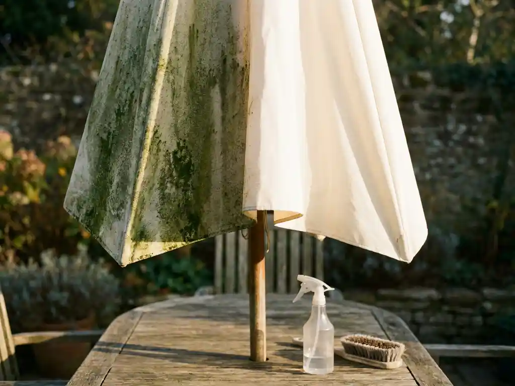 Tuinparasol half bedekt met groene algen en mos, andere helft schoongemaakt naar crèmewit, met spuitfles en borstel op houten tuintafel.