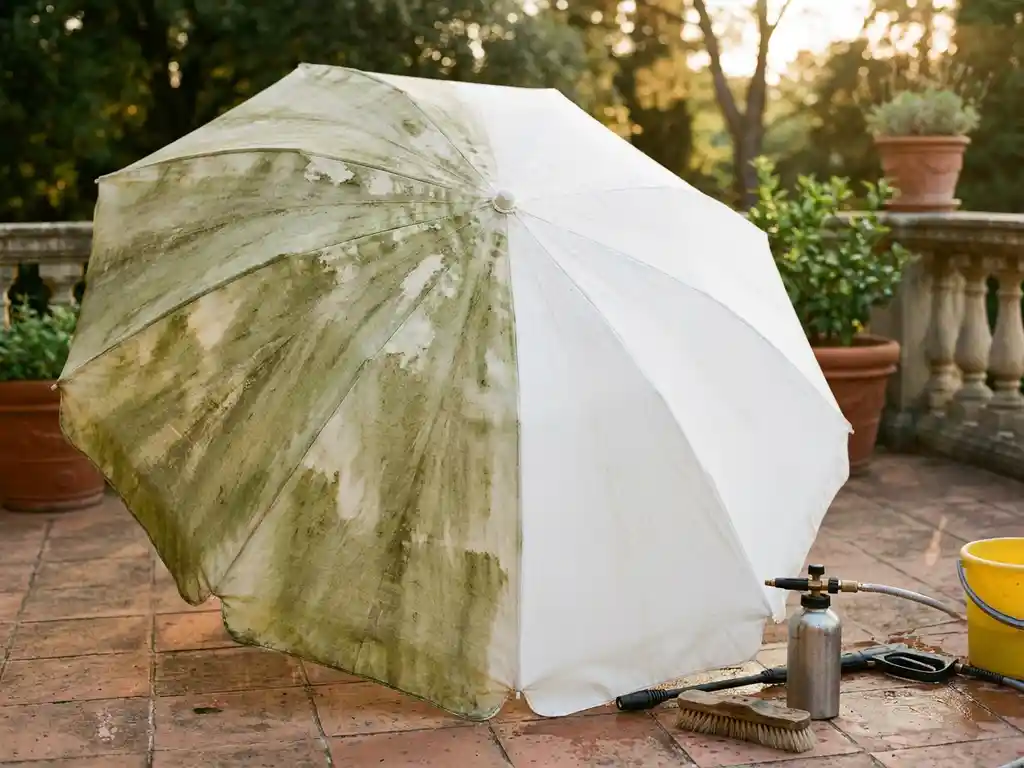 Grote tuinparasol half gereinigd: vuile groene algenplekken naast spierwit doek, met reinigingsborstel op zonnig terras.