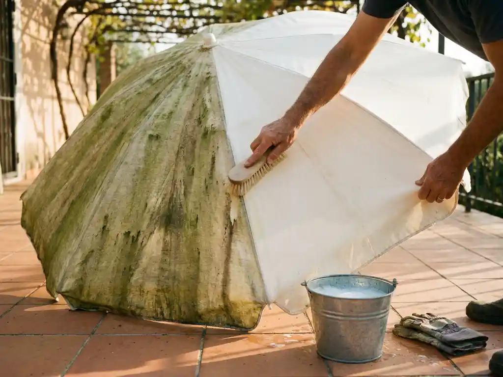Verweerde parasoldoek half bedekt met groene algen, half schoon, voorzichtig geborsteld op een zonnig terras.