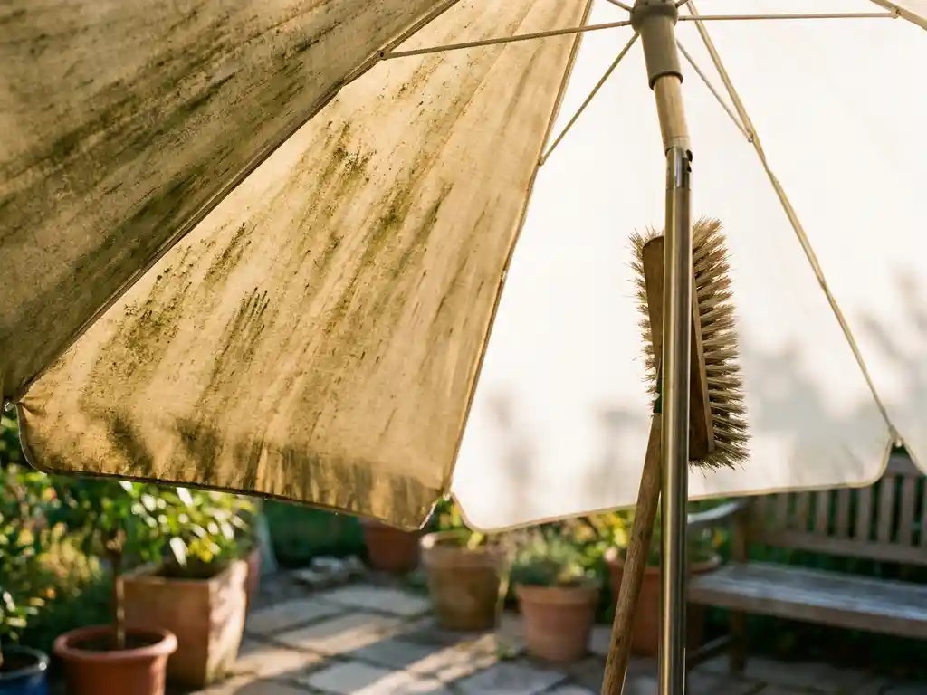 Tuinparasol half gereinigd, met groene algenkorst links en fris wit doek rechts, reinigingsborstel tegen de paal op terras.