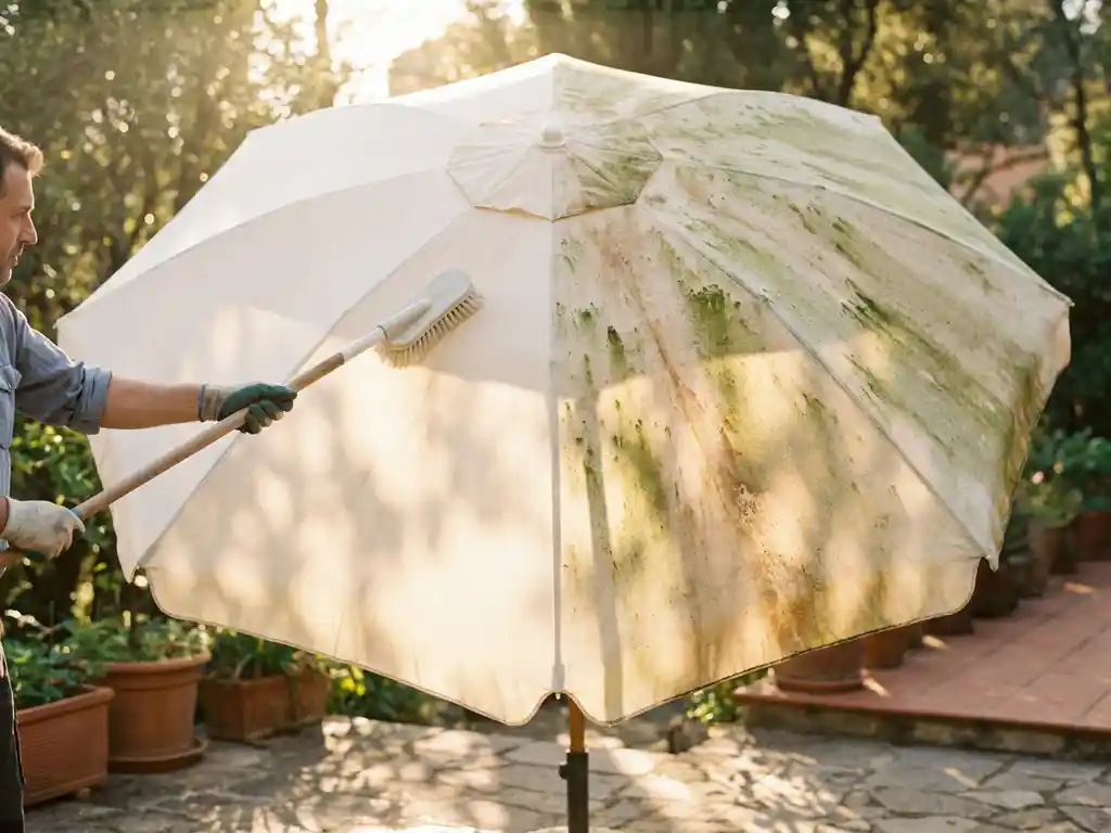 Professionele reiniger scrubt parasol met zachte borstel, helft zichtbaar schoon en helft met groene algen, terras op zonnige middag.