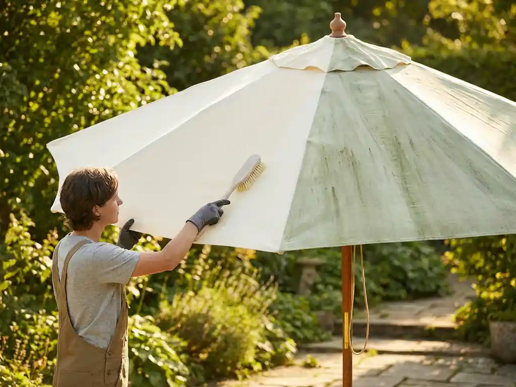 Professionele schoonmaker reinigt een crème parasol met zachte borstel, half schoon en half begroeid met groen alg, in zonnige tuin.