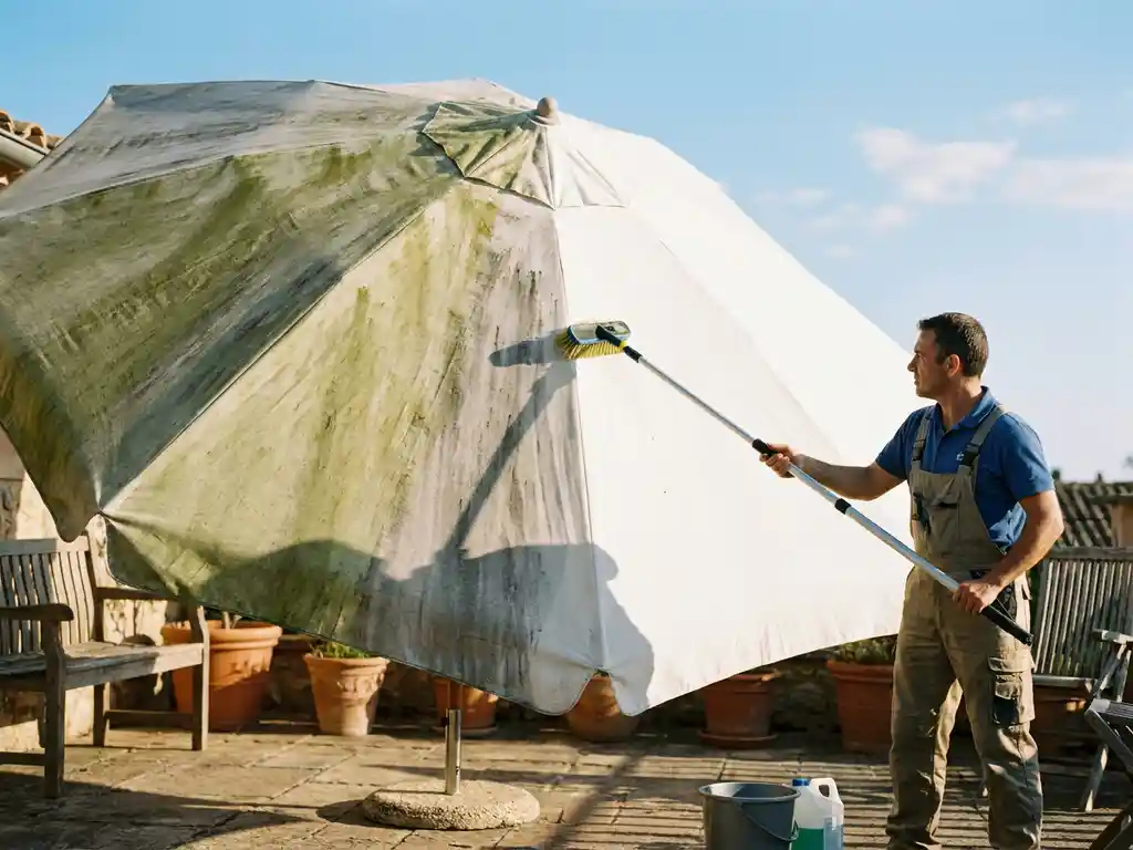 Professionele reiniging van een grote witte parasol op terras, half bedekt met groene algen, half stralend schoon in zonlicht.