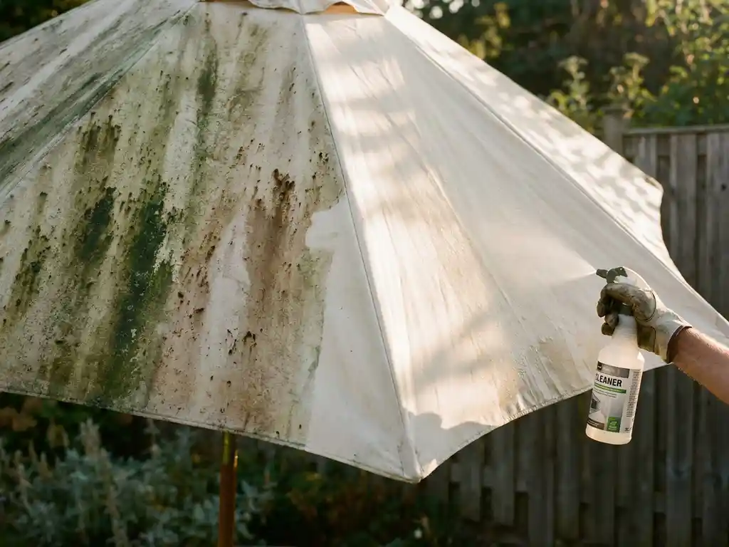Parasol half bedekt met groene algen en vuil, half schoongemaakt, terwijl een gehandschoende hand een spuitfles gebruikt in middagzon.