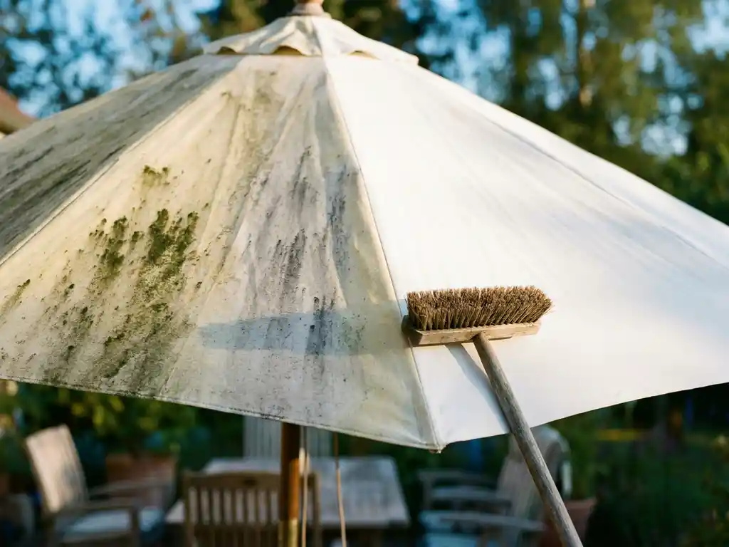 Grote parasol half bedekt met groene algen en vuil, half schoongemaakt in stralend wit, met reinigingsborstel tegen de paal.