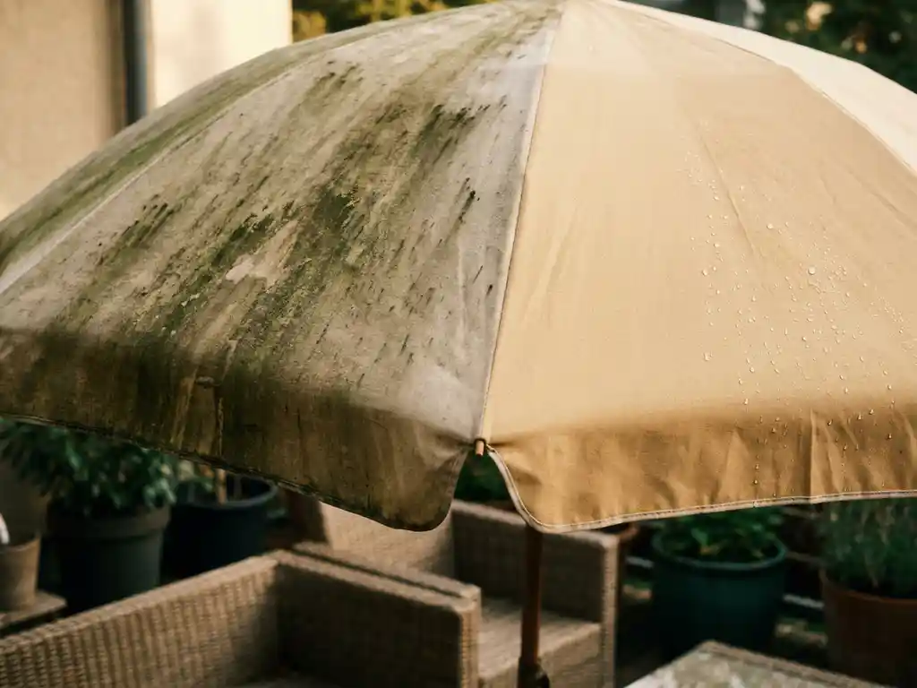 Tuinparasol met half verweerd doek vol groene algen en vlekken, andere helft schoon met parelsgewijs water op behandeld stof.