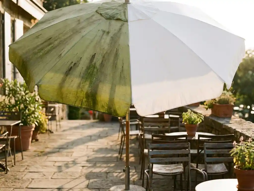 Tuinparasol half bedekt met groene algen en donkere vlekken, andere helft schoongemaakt, op zonnig terras met caféstoelen.