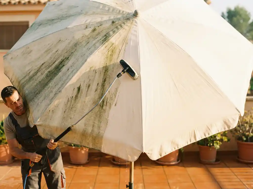 Professionele reiniging van parasol op mediterraan terras, helft vuil met groene algen, helft stralend schoon, reiniger spuit midden in actie.