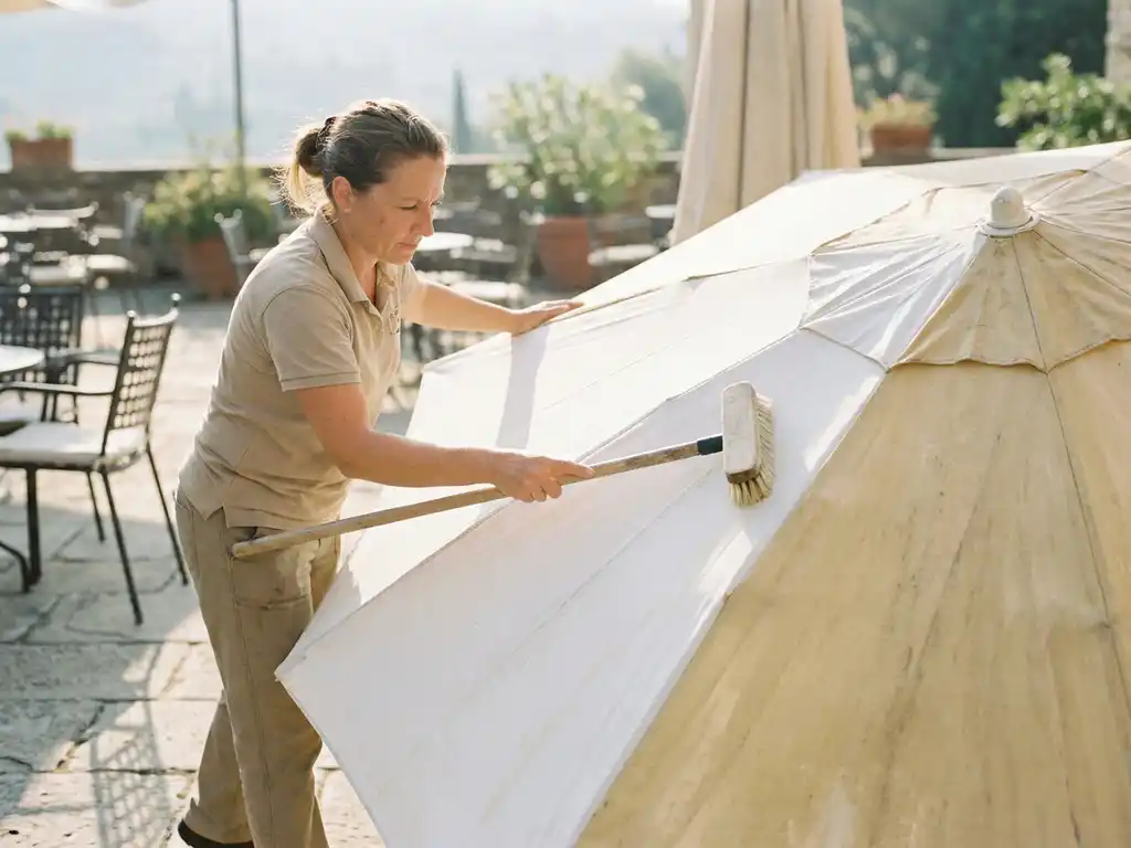 Professionele schoonmaker reinigt een vervaagde parasol met langstelige borstel op een zonnig terras, één helft zichtbaar schoner.