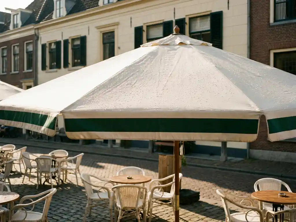 Gereinigde terrasoverstek boven Nederlands restaurantterras met witte bistrostoelen, waterdruppels glinsterend op het doek in middagzon.
