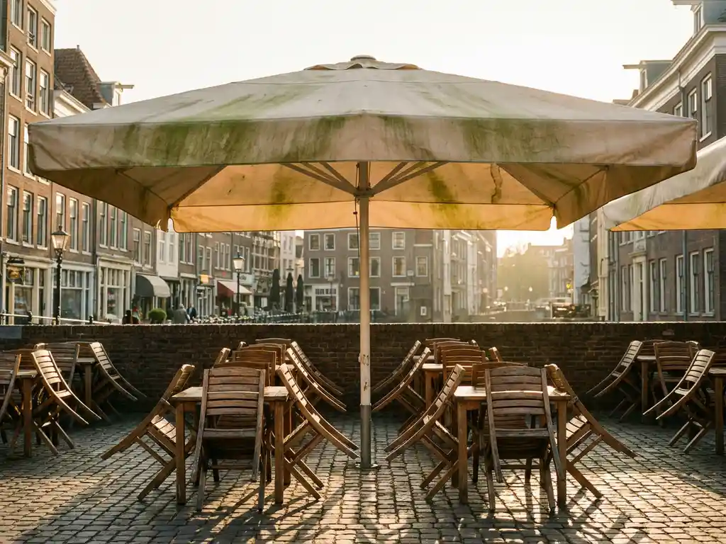 Verweerde parasol met groene algevlekken op een zonnig Nederlands restaurantterras met houten stoelen en kasseienstraat op de achtergrond.