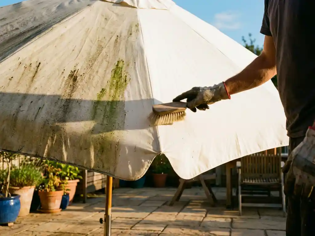 Terrasoverstek parasol half gereinigd: links groen aanslag en vlekken, rechts stralend wit, medewerker borstelt met handschoen in middaglicht.