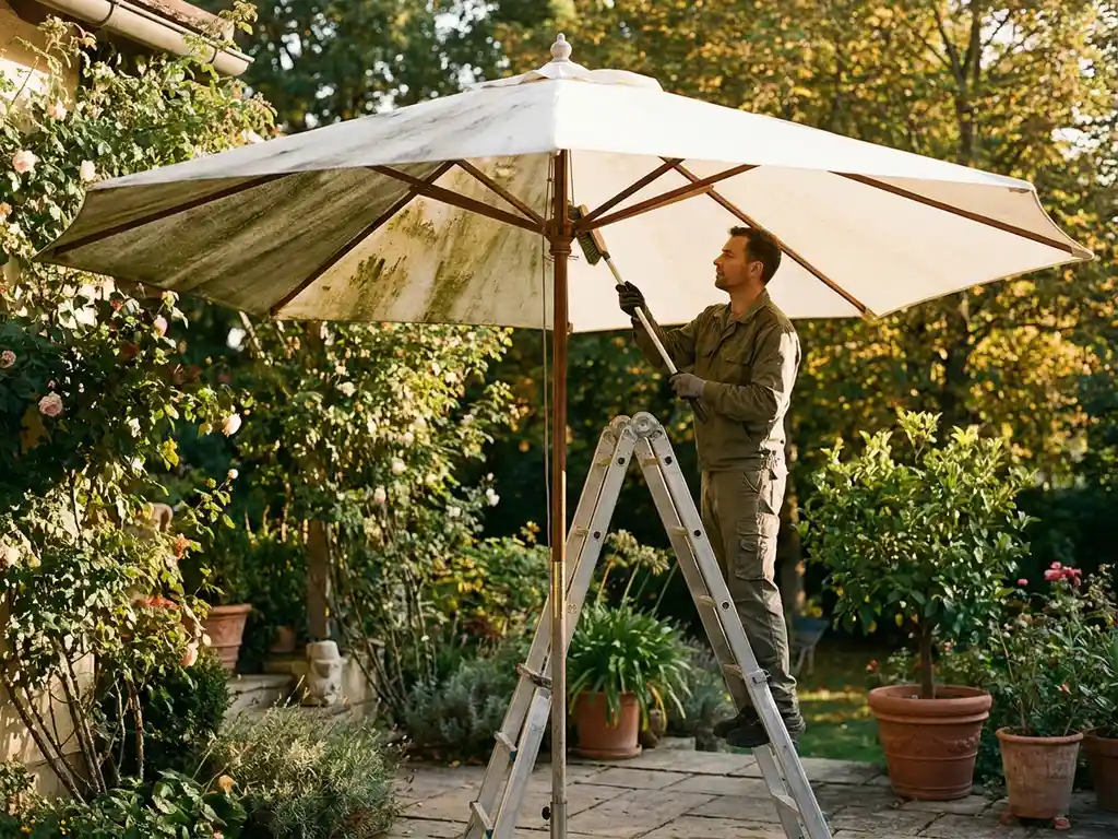 Professionele reiniger op telescopische ladder die de onderkant van een crèmekleurige parasol schoonmaakt, half aangetast door groene algen.