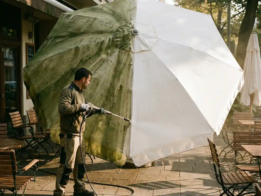 Professionele reiniger verwijdert groene algen en vuil van een grote terrasparasol, helft schoon en wit, helft begroeid, café op de achtergrond.