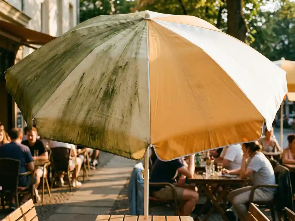 Terrasparasol half bedekt met groene alg en vuil, andere helft schoongemaakt en stralend wit, op zonnig terras.