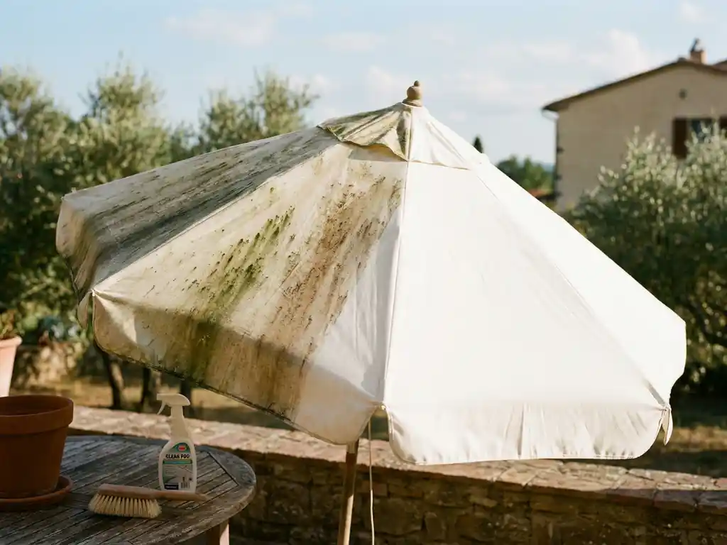 Grote buitenparasol half bedekt met groene algen en vuilstrepen, half professioneel gereinigd, met schoonmaakborstel en spuitfles op terrastaf­el in mediterraan zonlicht.