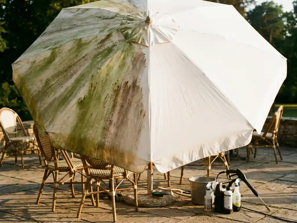 Grote terrasparasol half bedekt met groene algen en vuil, half stralend wit na professionele reiniging, op zonnig terras met caféstoelen.