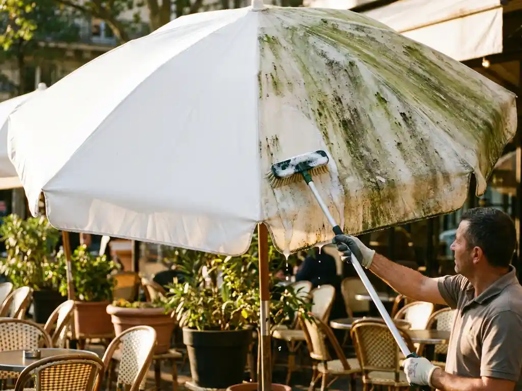 Professionele reiniger borstelt groene algen van een terrasparasol, helft vuil en helft spierwit, zonnig caféterras op de achtergrond.