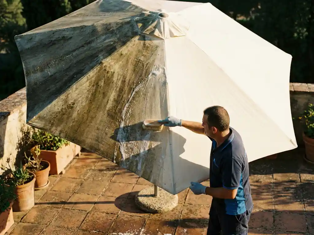 Tuinparasol half bedekt met groene algen en vuil, terwijl een reiniger de andere kant behandelt met een borstel op een terras.