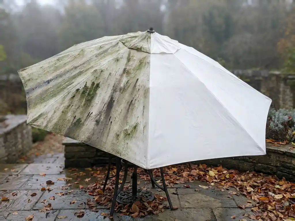 Tuinparasol half bedekt met groene algen en vlekken, de andere helft stralend wit na professionele reiniging, op een terras met natte herfstbladeren.