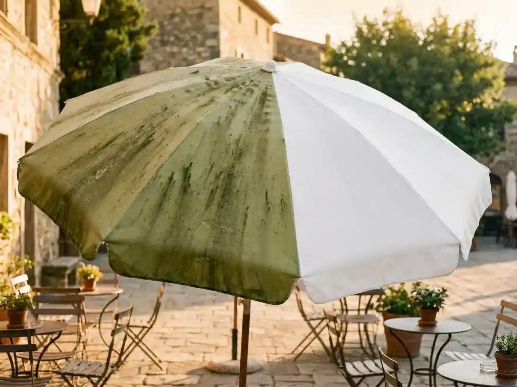 Grote terrasparasol half bedekt met groene algen en weersvlekken, andere helft schoon, op zonnig terras met caféstoelen.