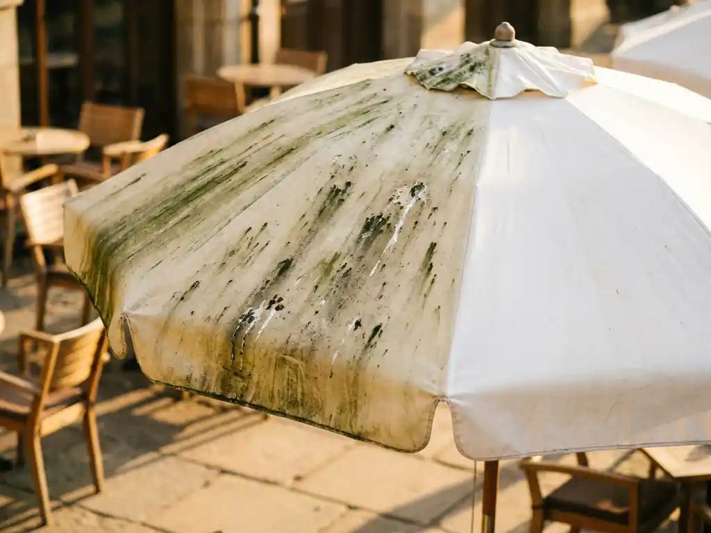 Terrasparasol half bedekt met groene algen, donker vuil en vogelpoep, de andere helft zichtbaar schoner, boven een zonnig terras met caféstoelen.
