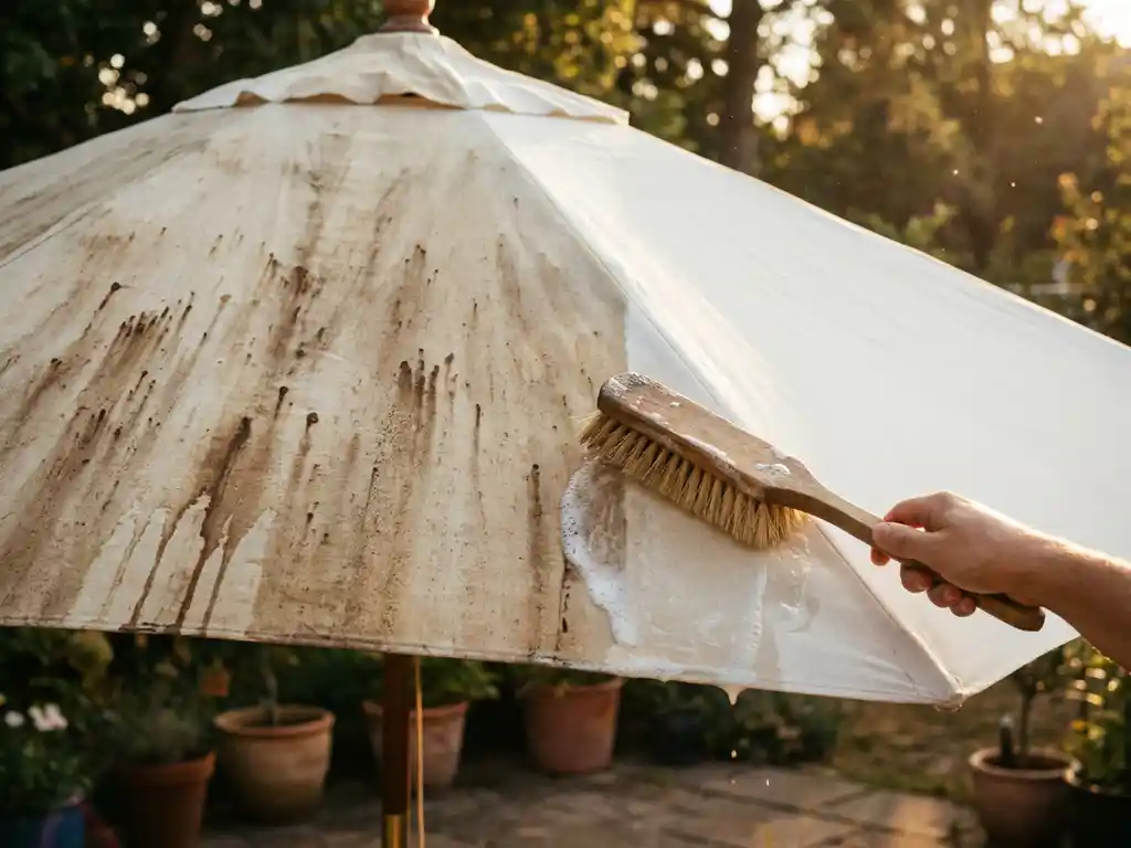Parasoldoek half schoongemaakt met professionele borstel, contrast tussen bruine vlekstrepen en helder witte stof in middagzon.