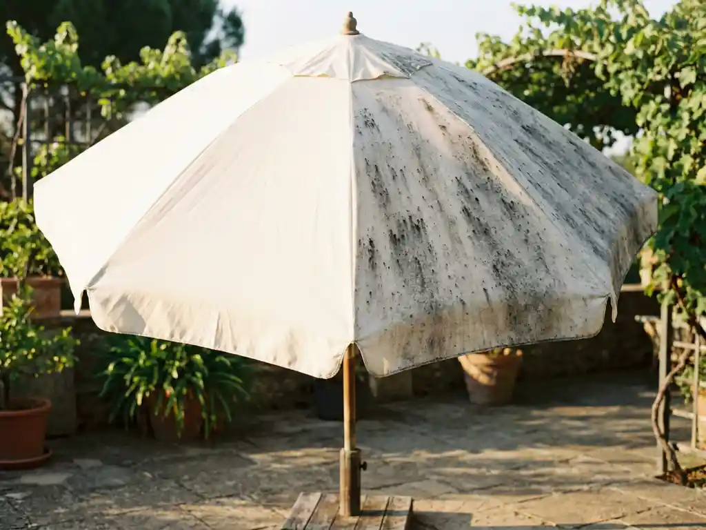 Witte tuinparasol met donkere schimmelplekken op helft van het doek, andere helft schoon, op zonnig terras met groene achtergrond.