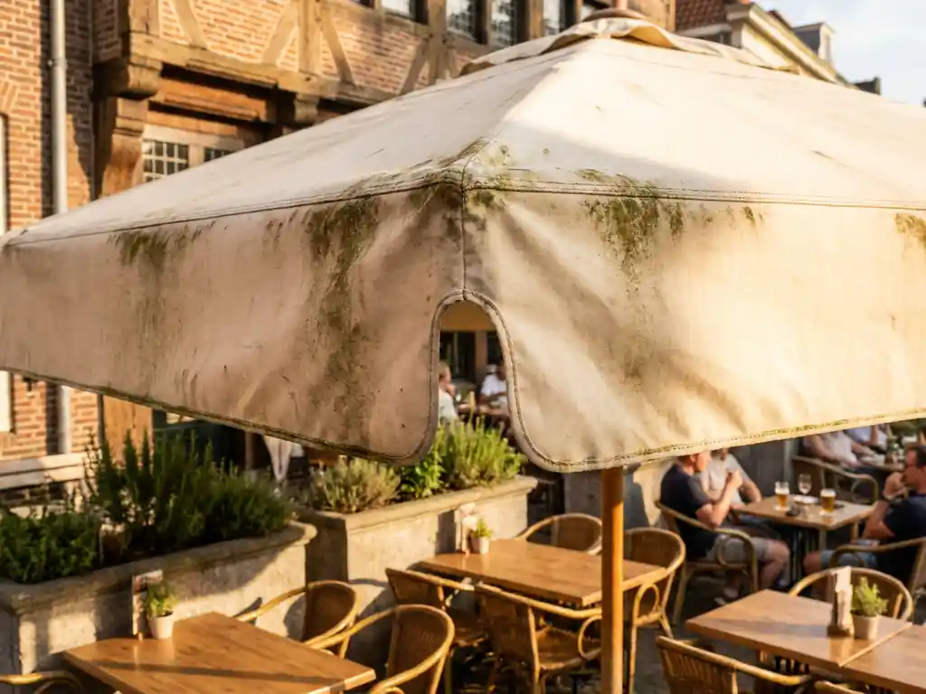 Verkleurde parasol met donkere schimmelplekken langs de naden op een zonnig Nederlands restaurantterras.