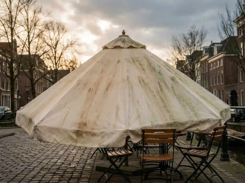 Verkleurde terrasoverkapping met bruine vlekken en schimmel boven een Nederlands restaurantterras met bistrostoelen en kasseien.