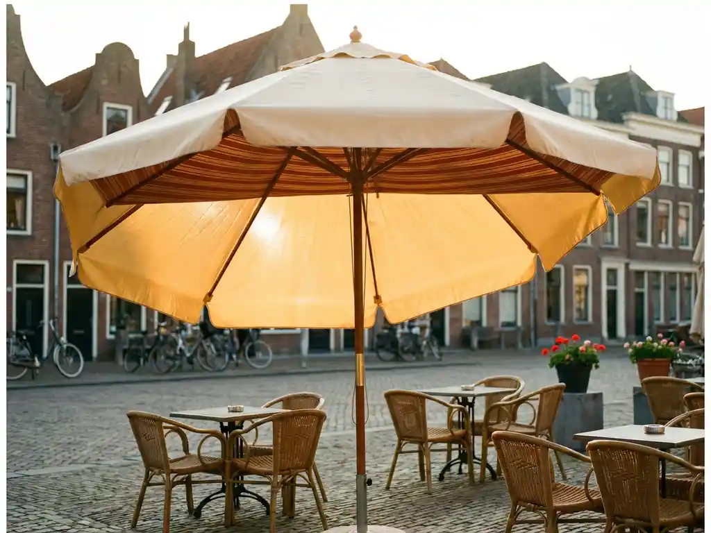 Grote commerciële parasol met schoon, waterafstotend doek op zonnig Nederlands restaurantterras met klinkers en lege caféstoelen.