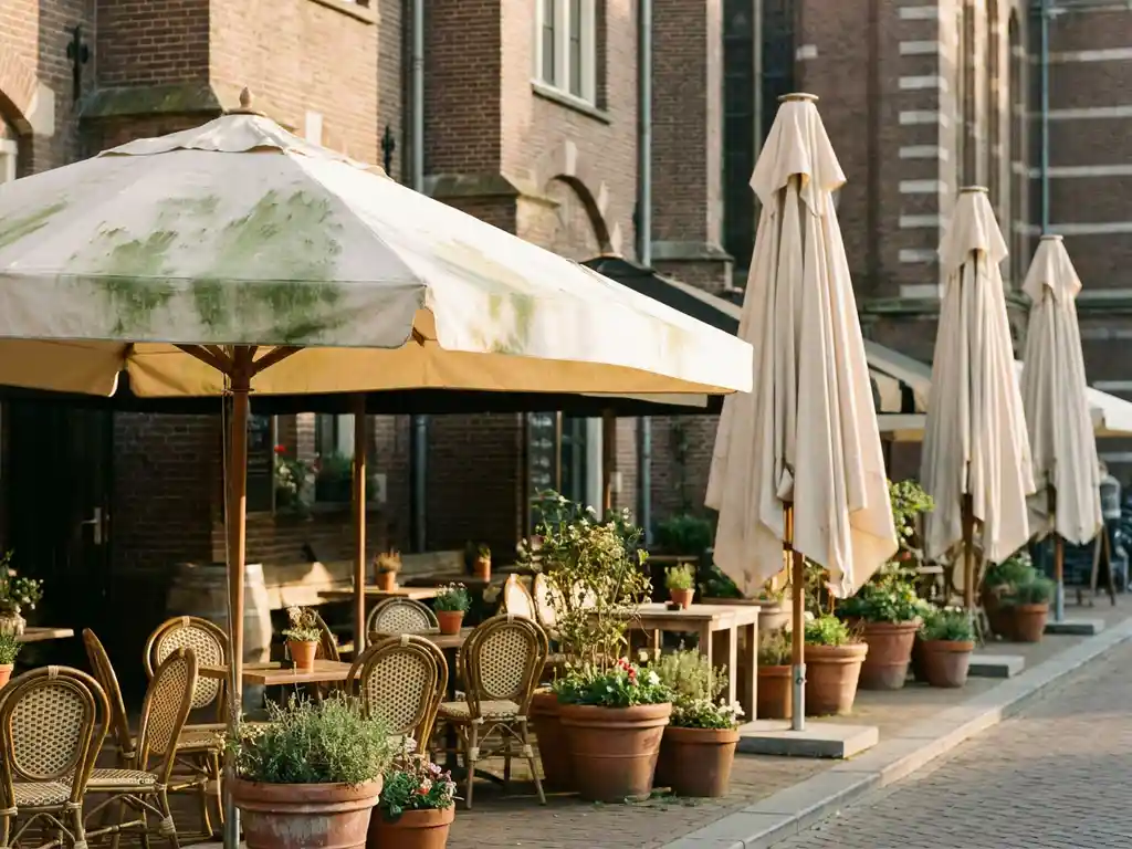 Rij crèmekleurige parasols op Nederlands restaurantterras, één met groene algengroei op het doek, terracotta potten en bistrostoelen op de achtergrond.