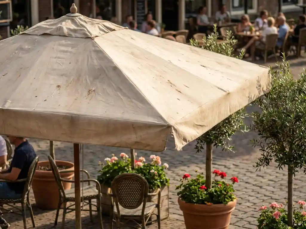 Grote terrasparasol met ecru doek op een Nederlands restaurantterras, met lichte verkleuringen en bistrostoelen op de achtergrond.