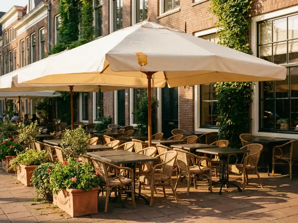 Crèmekleurig parasol op een zonnig Nederlands restaurantterras met kleverig boomhars op het doek, bistrostoelen en terracotta bloempotten.