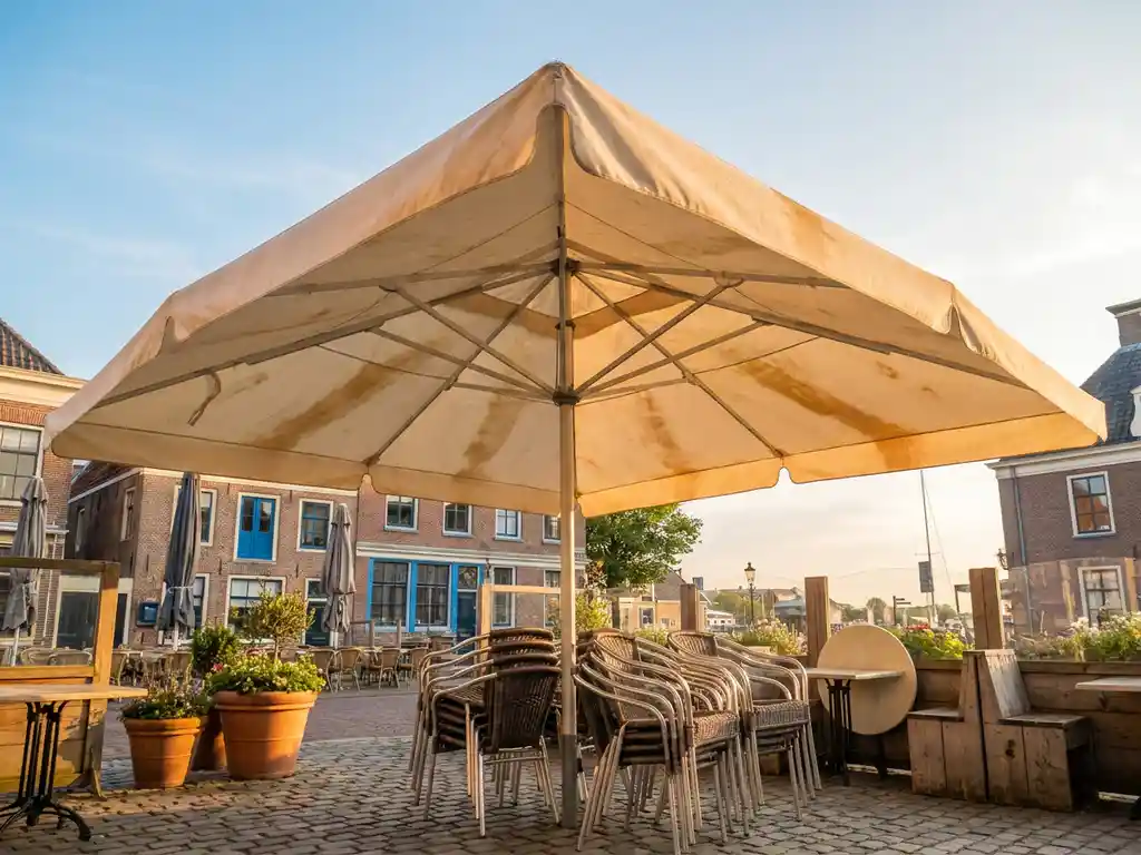 Verweerde parasol op een zonnig Nederlands restaurantterras met bistrostoelen, bloempotten en kinderkopjes in warm ochtendlicht.
