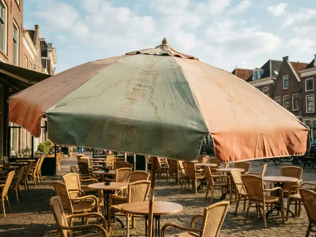 Grote commerciële parasol op een zonnig Nederlands restaurantterras met bistrostoelen op klinkers en een bewolkte lucht op de achtergrond.