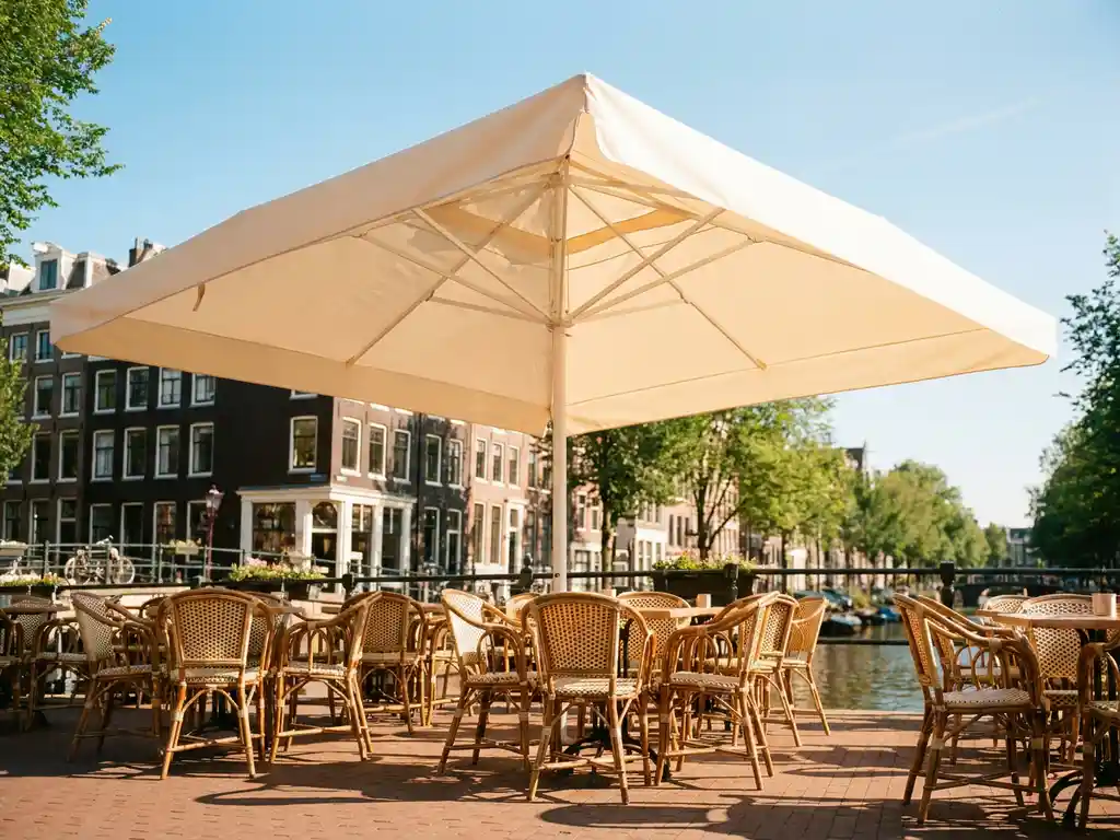 Groot crèmekleurig terrasparasol boven een zonnig Nederlands restaurantterras met bistrostoelen en terracottategels, grachtenpanden op de achtergrond.