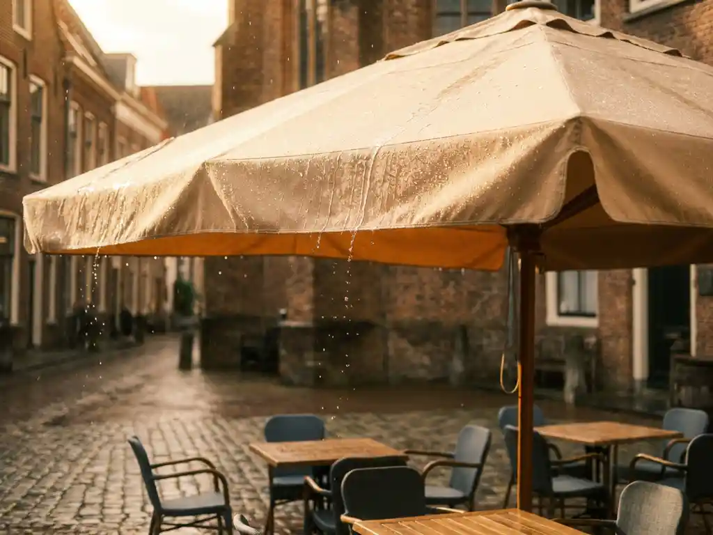 Grote commerciële parasol op een zonnig Nederlands terras, met waterdruppels die afparelend van het behandelde doek, kasseien en caféstoelen op de achtergrond.