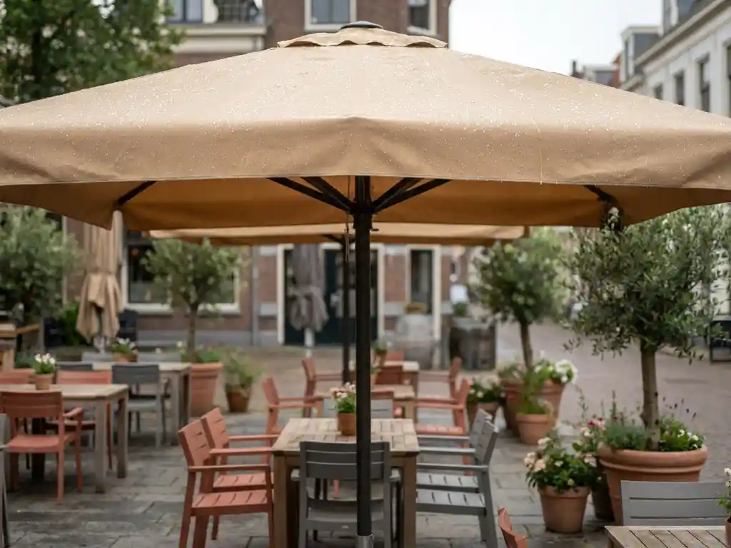 Waterafstotende terrasoverstek met waterdruppels op het geweven doek boven een Nederlands restaurantterras met houten meubels.