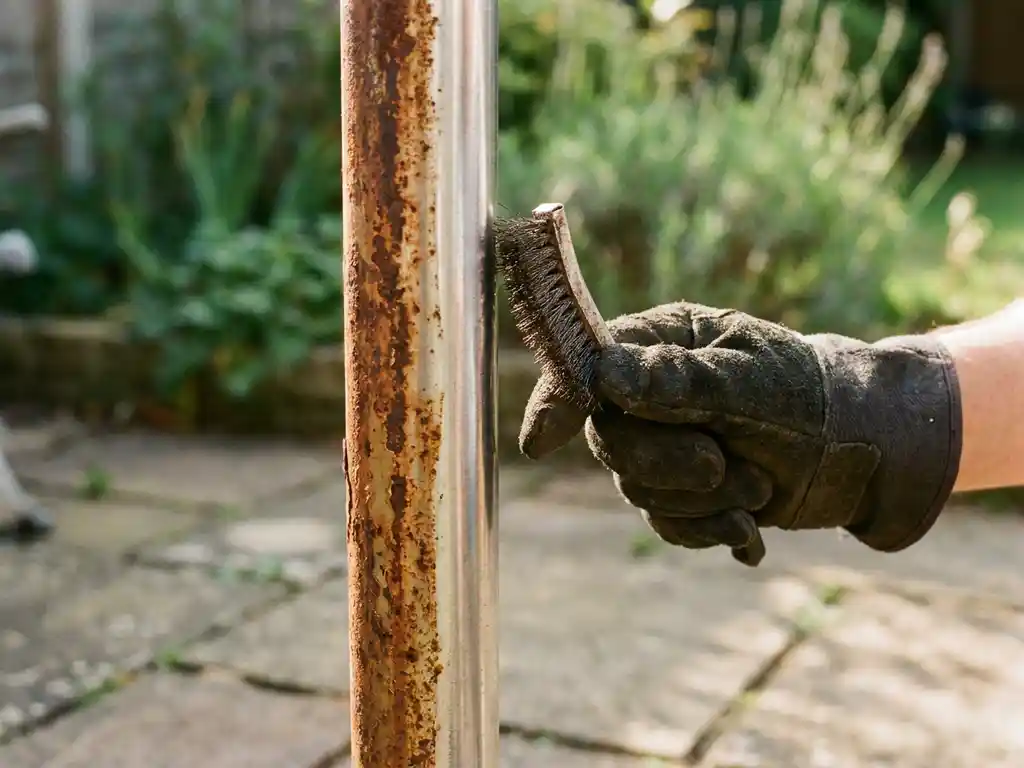 Verroeste parasoldpaal die met een borstel wordt gereinigd, één kant al hersteld naar glanzend metaal, buitensetting met tuinachtergrond.
