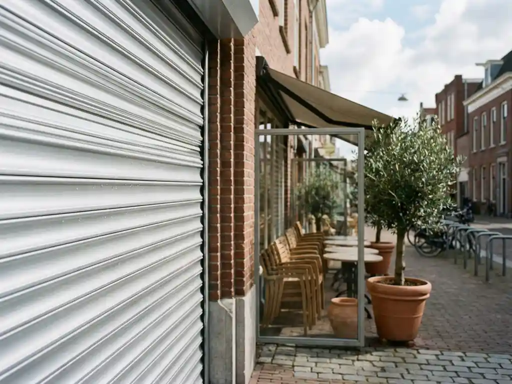 Gereinigde aluminium rolluik op Nederlandse gevel met druppels, restaurantterras met stoelen en planten op de achtergrond.