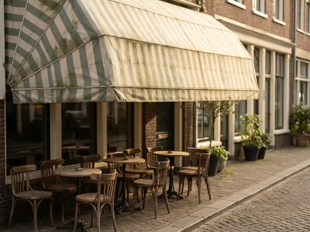 Verouderd gestreept zonnescherm in salie groen en crème boven een Nederlands restaurantterras met donkere schimmelplekken in de stofplooien.