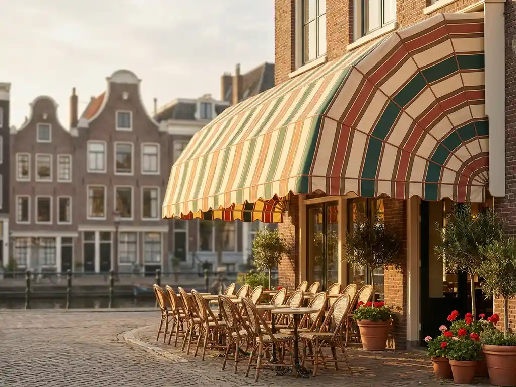 Schoon gestreept terrasluifel boven Nederlands restaurantterras met bistrostoelen, plantenpotten en kanaalbebouwing op de achtergrond.