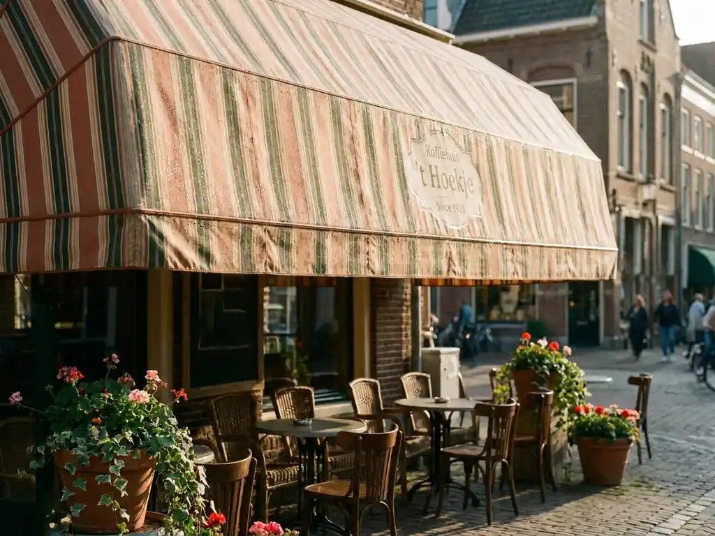 Schoon gestreept terrasscherm met waterdruppels in middagzon boven caféstoelen en plantenpotten op een Nederlands terras.