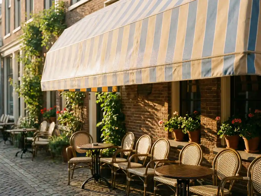 Gereinigd gestreept canvas zonnetent boven een zonnig Nederlands restaurantterras met bistrostoelen en ronde tafeltjes in gouden middaglicht.