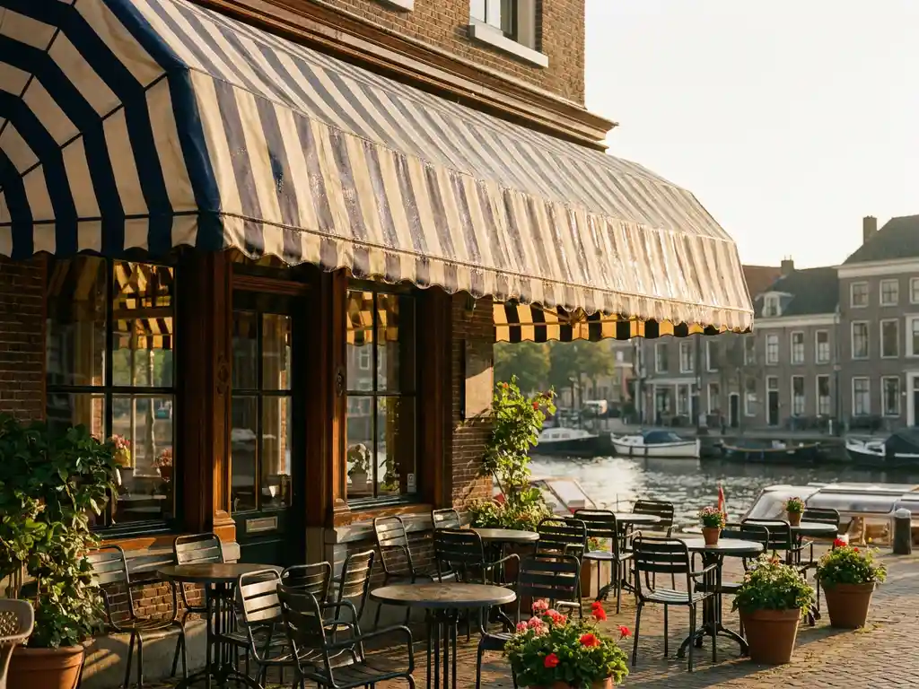 Schoon gestreept luifel in marineblauw en crème boven een Nederlands restaurantterras aan de gracht, met bistrostoelen en bloempotten in middagzon.